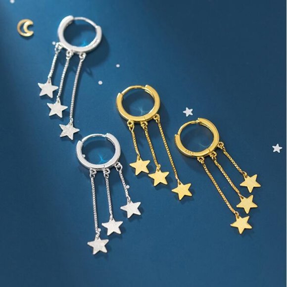 NEW Gold/Sterling Silver Star Tassel Hoop Earrings - Picture 2 of 5